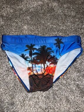 Men's Blue Tropical Palm Print Swim Briefs